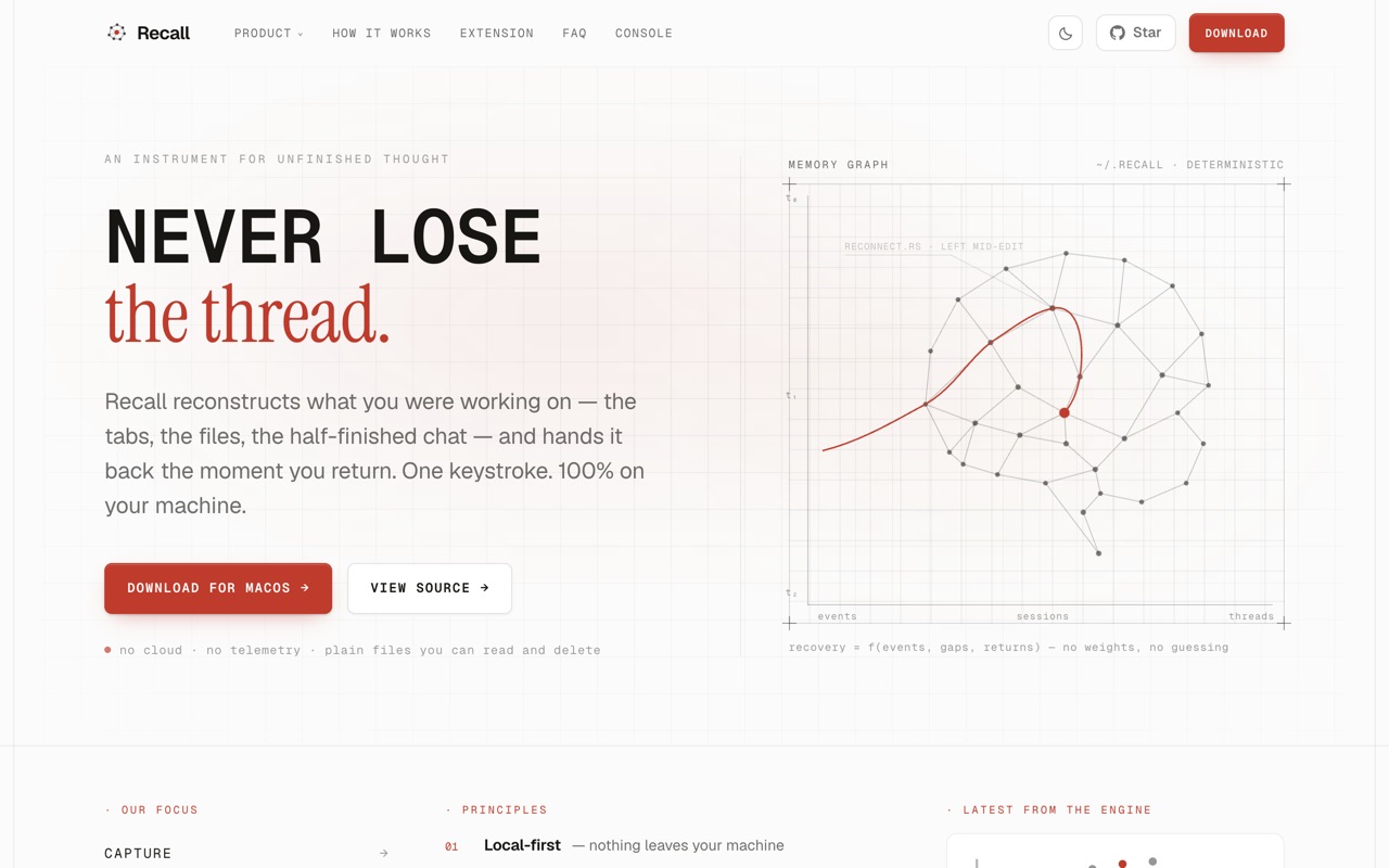 Recall’s live site: a memory-graph visualisation beside the headline “Never lose the thread”.